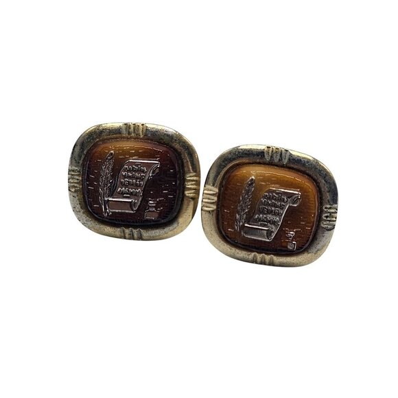 Vintage Brown Lucite Gold Tone Hebrew Scroll Quill Cufflinks - Picture 1 of 4